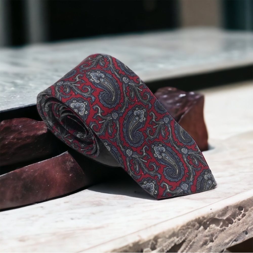 Vintage Neck Tie Gray Silver Paisley Print on Deep Red Silk Bert Pulitzer 63” L